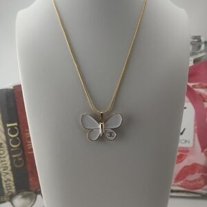 Authentic Chanel Gold and White Butterfly Pendant 18 K Gold Necklace
